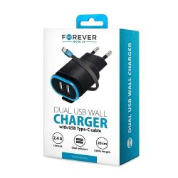 Зарядно устройство Forever 220V TC-02 2 USB с вграден кабел USB-C 2.4