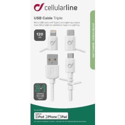 Кабел Cellular line Кабел данни 3в1 microUSB iOS USB-C бял
